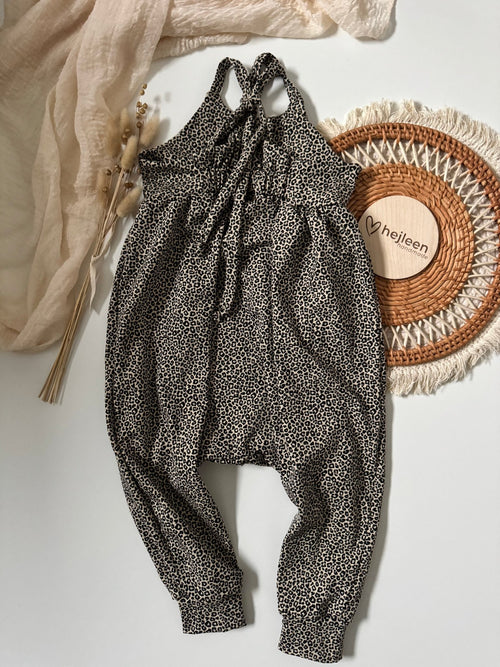 Allday romper Sommer Sommeroutfit Schleife Leopardenmuster Leoprint Leomsuter braun schwarz handmade lockerer sitz baby kind mädchenoutfit hejleen kidswear handmade