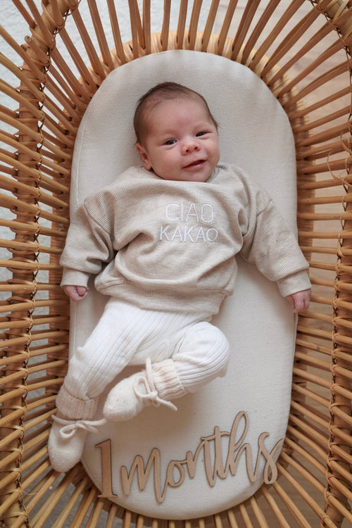 Ciao Kakao Oversized Sweater Pullover bestickt beige meliert Handmade Jungs Mädchen outfit creme hejleen kidswear baby kinder 