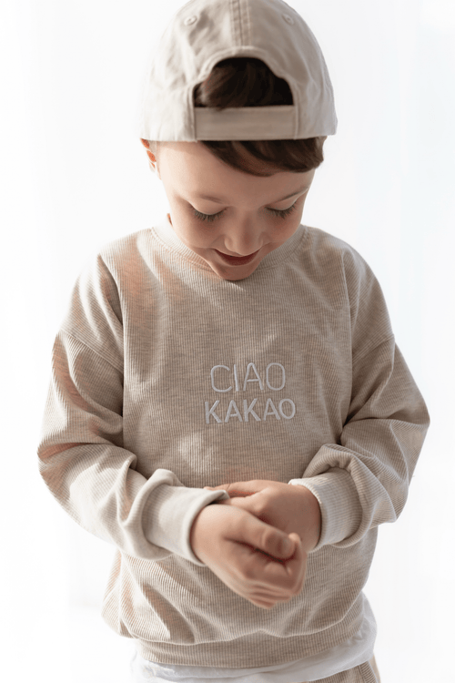 Ciao Kakao Oversized Sweater Pullover bestickt beige meliert Handmade Jungs Mädchen outfit creme hejleen kidswear baby kinder