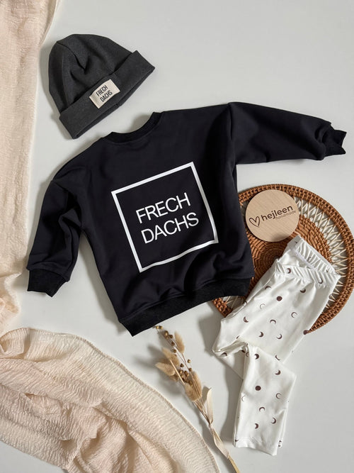 Frechdachs Oversized Sweater dunkelgrau schwarz anthrazit Statement rückenprint mond leggings beanie matzo handmade kind baby hejleen kidswear